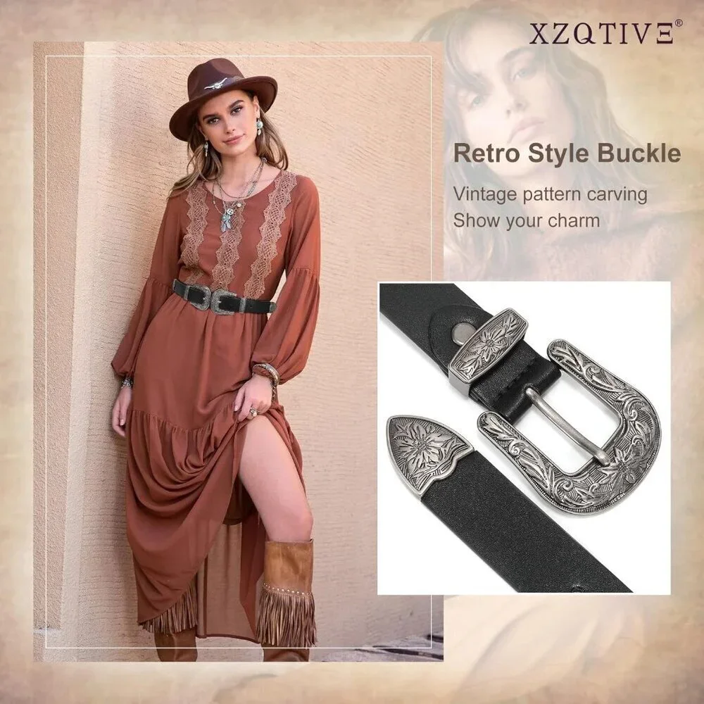 Women Leather Belt Vintage Western Cowgirl Belt for Pants Skirts Dresses